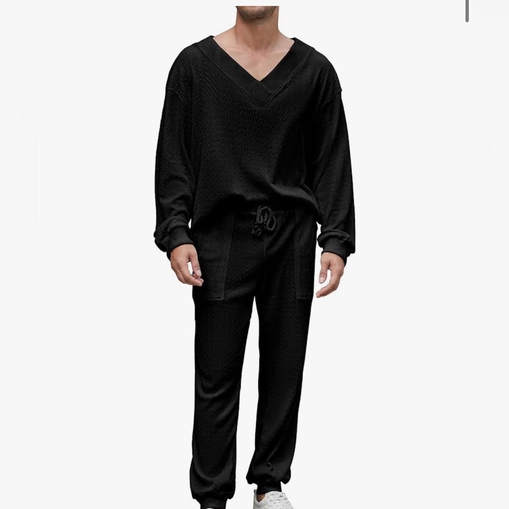 Men's XL Black Tracksuit 2 Piece Outfit Long Sleeve V-Neck Waffle Knit Set